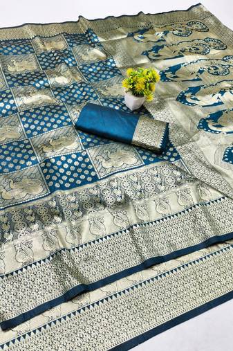 Dark blue zari woven silk blend traditional saree with blouse piece