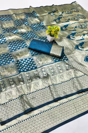 Dark blue zari woven banarasi silk blend traditional saree with blouse piece