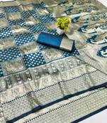 Dark blue zari woven banarasi silk blend traditional saree with blouse piece