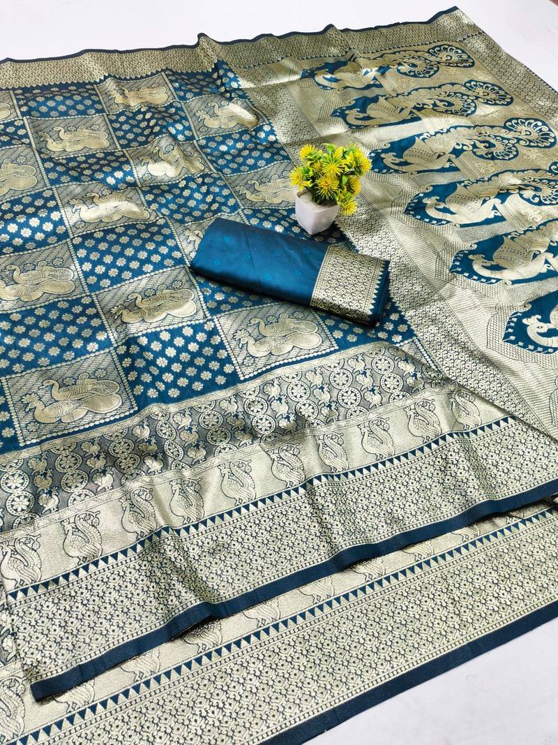 Dark blue zari woven banarasi silk blend traditional saree with blouse piece