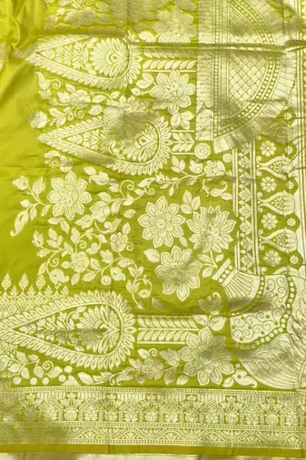 Lime Zari woven silk blend traditional saree with blouse piece
