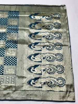 Dark blue zari woven silk blend traditional saree with blouse piece 2