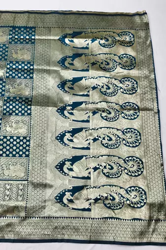 Dark blue zari woven silk blend traditional saree with blouse piece