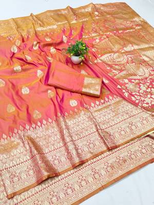 Peach pink zari woven silk blend traditional saree with blouse piece 1