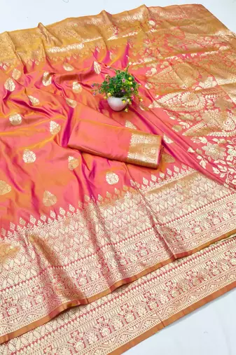 Peach pink zari woven banarasi silk blend traditional saree with blouse piece
