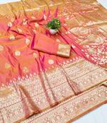 Peach pink zari woven banarasi silk blend traditional saree with blouse piece