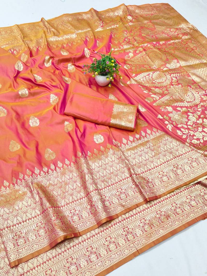Peach pink zari woven banarasi silk blend traditional saree with blouse piece