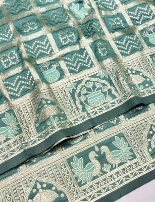Green zari woven patola silk blend traditional saree with blouse piece 2