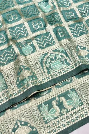 Green zari woven patola silk blend traditional saree with blouse piece