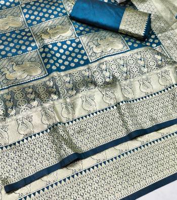 Dark blue zari woven silk blend traditional saree with blouse piece 3
