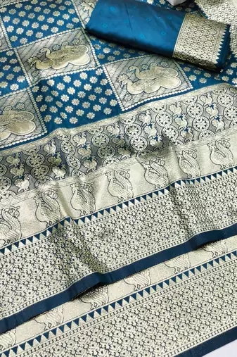 Dark blue zari woven silk blend traditional saree with blouse piece