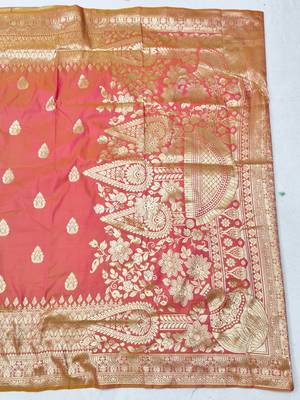 Peach pink zari woven silk blend traditional saree with blouse piece 2