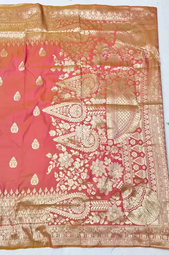 Peach pink zari woven silk blend traditional saree with blouse piece