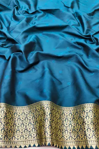 Dark blue zari woven silk blend traditional saree with blouse piece