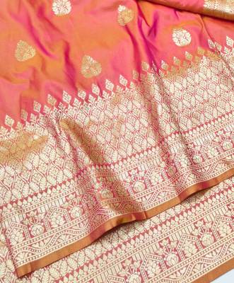 Peach pink zari woven silk blend traditional saree with blouse piece 3