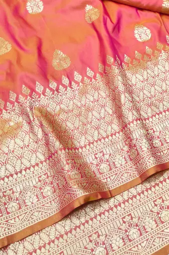 Peach pink zari woven silk blend traditional saree with blouse piece