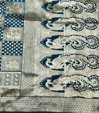 Dark blue zari woven silk blend traditional saree with blouse piece 5