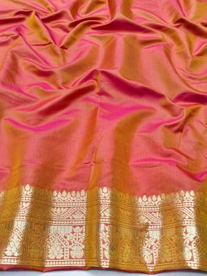 Peach pink zari woven silk blend traditional saree with blouse piece 4