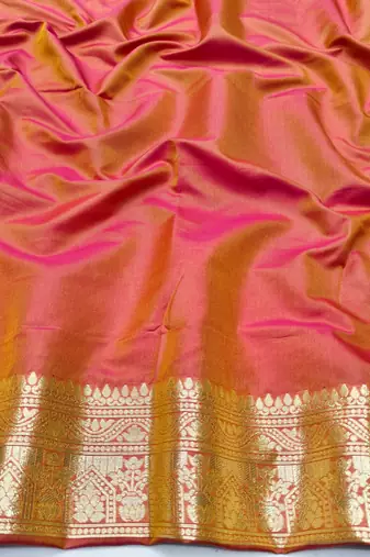 Peach pink zari woven silk blend traditional saree with blouse piece
