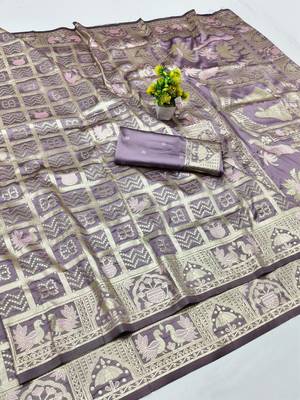 Wine zari woven patola silk blend traditional saree with blouse piece 1