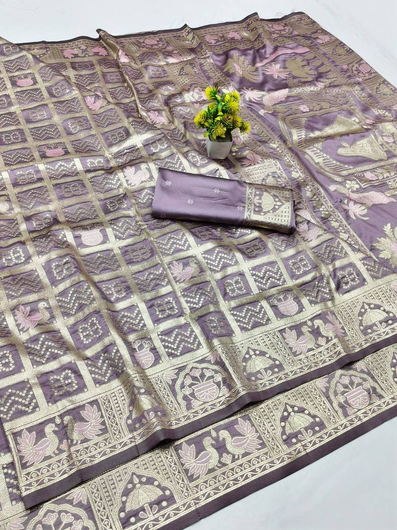 Wine zari woven patola silk blend traditional saree with blouse piece