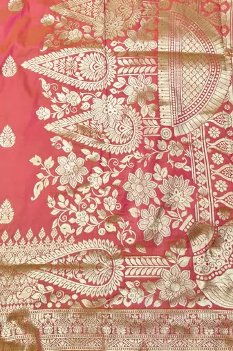 Peach pink zari woven silk blend traditional saree with blouse piece