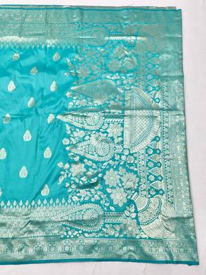 Blue pink zari woven silk blend traditional saree with blouse piece 1
