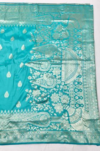 Blue pink zari woven silk blend traditional saree with blouse piece