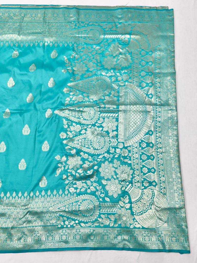 Blue pink zari woven banarasi silk blend traditional saree with blouse piece