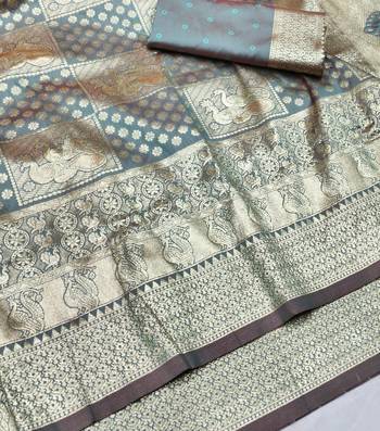 Light blue zari woven silk blend traditional saree with blouse piece 3