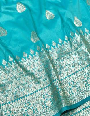 Blue pink zari woven silk blend traditional saree with blouse piece 2