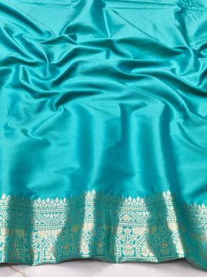 Blue pink zari woven silk blend traditional saree with blouse piece 3