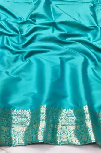 Blue pink zari woven silk blend traditional saree with blouse piece