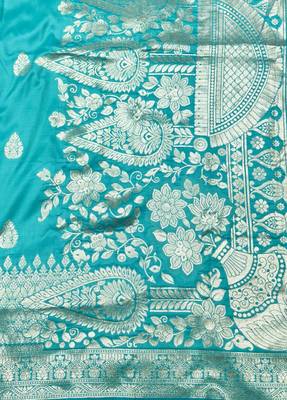 Blue pink zari woven silk blend traditional saree with blouse piece 4