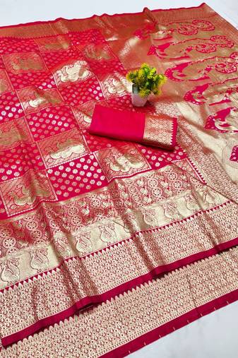 Rani zari woven banarasi silk blend traditional saree with blouse piece