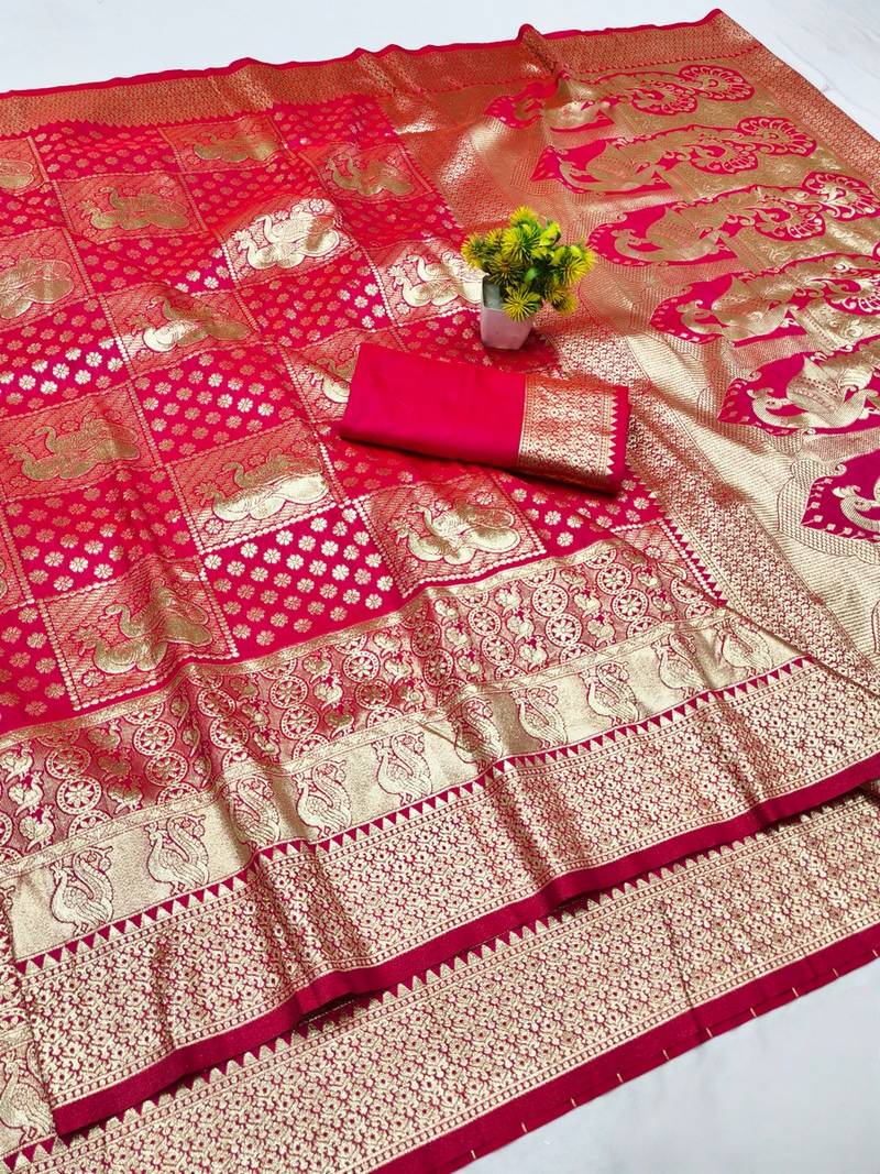Rani zari woven banarasi silk blend traditional saree with blouse piece