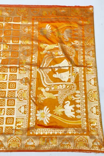 Mustard zari woven patola silk blend traditional saree with blouse piece
