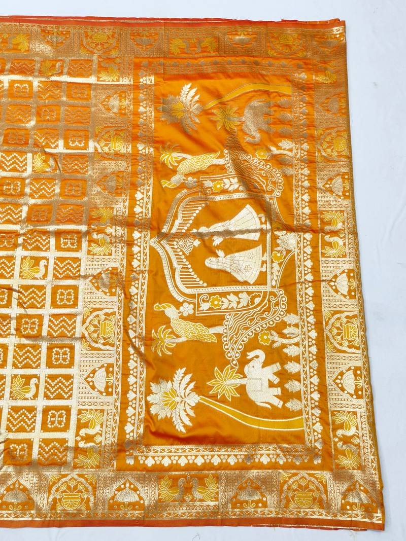 Mustard zari woven patola silk blend traditional saree with blouse piece
