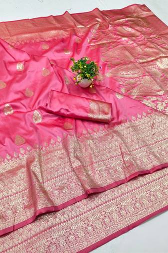 Pink zari woven banarasi silk blend traditional saree with blouse piece