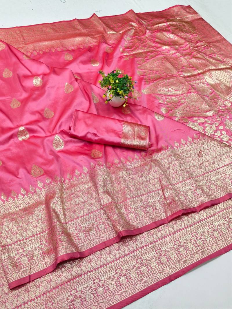 Pink zari woven banarasi silk blend traditional saree with blouse piece