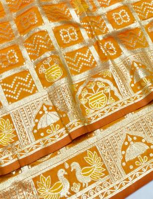 Mustard zari woven patola silk blend traditional saree with blouse piece 2