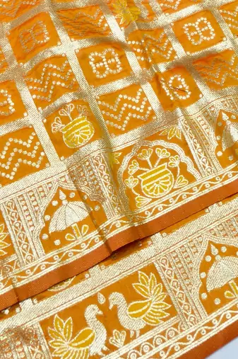 Mustard zari woven patola silk blend traditional saree with blouse piece
