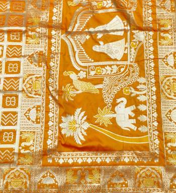 Mustard zari woven patola silk blend traditional saree with blouse piece 4