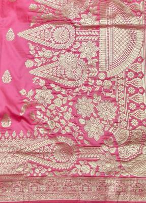 Pink zari woven silk blend traditional saree with blouse piece 5