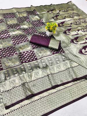Wine zari woven silk blend traditional saree with blouse piece 1