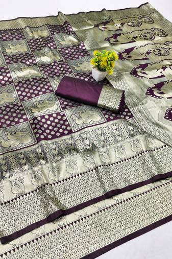 Wine zari woven banarasi silk blend traditional saree with blouse piece