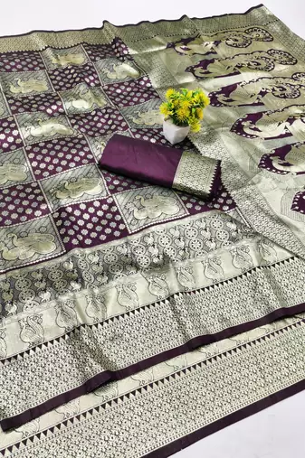 Wine zari woven banarasi silk blend traditional saree with blouse piece