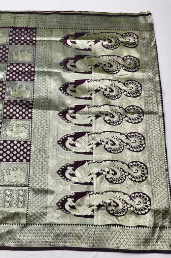 Wine zari woven silk blend traditional saree with blouse piece