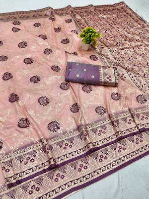 Peach zari woven silk blend traditional saree with blouse piece 1