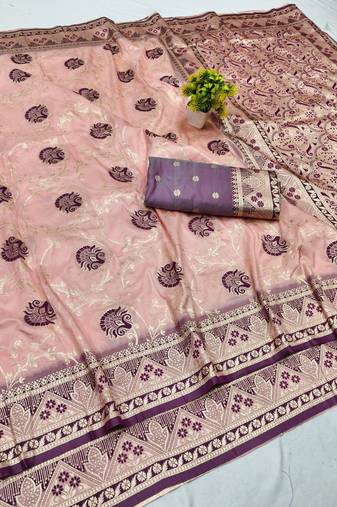 Peach zari woven banarasi silk blend traditional saree with blouse piece
